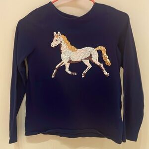 Girls long sleeve top, size med. 10-12, navy, reversible sequins: rainbow horse